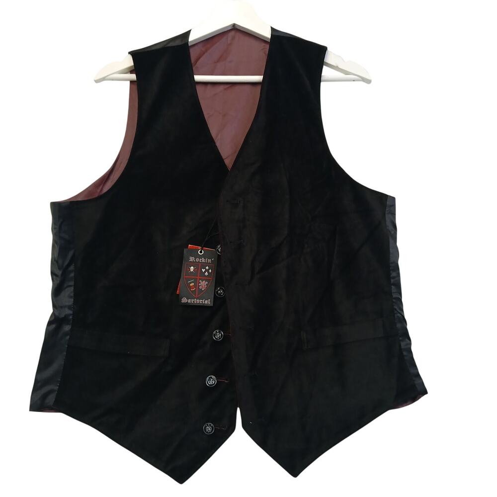 Rockin Sartorial Mens Reversible Velvet Vest Black Burgundy Gothic NWT